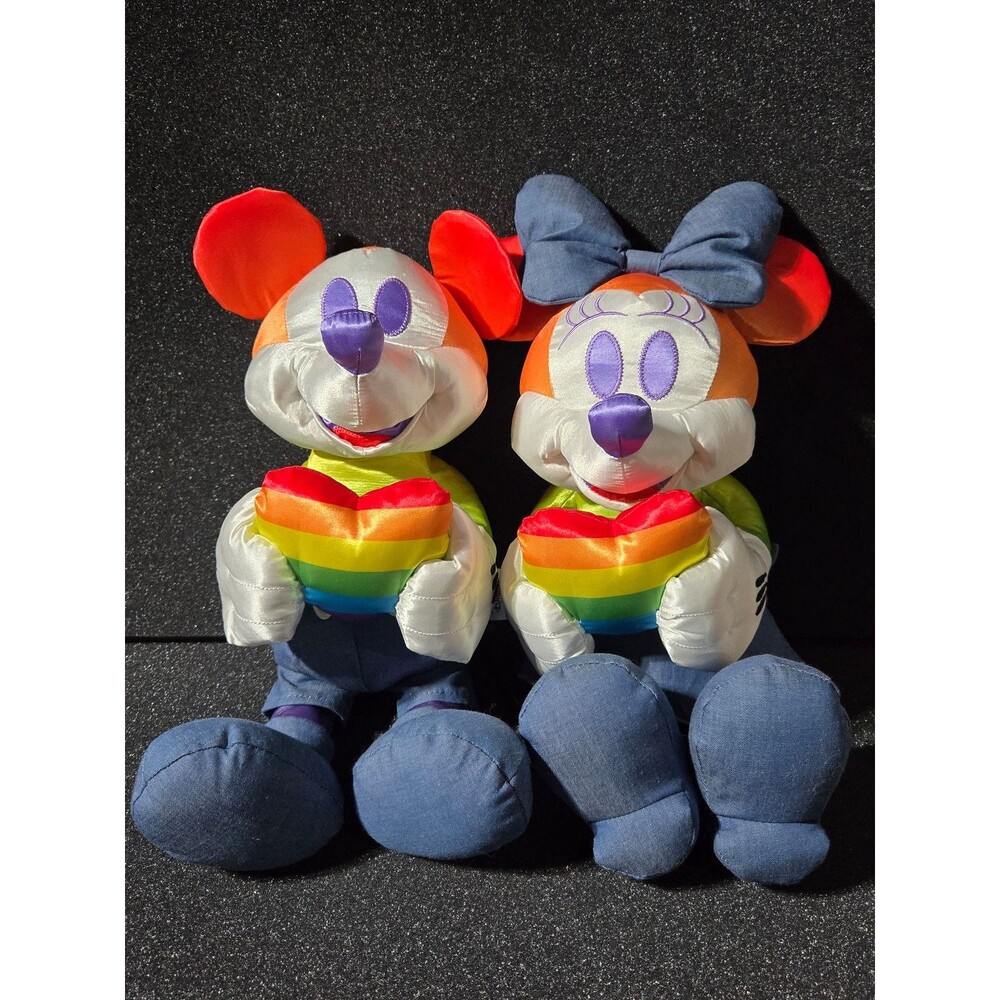 Disney Mickey And Minnie Mouse Rainbow Pride Plush Stuffed Animals Satin Hearts
